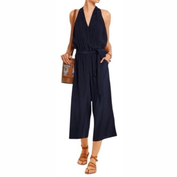 Tory Burch Pants - Tory Burch Campania Navy Blue Silk 
Cropped Wide Leg Jumpsuit XS
